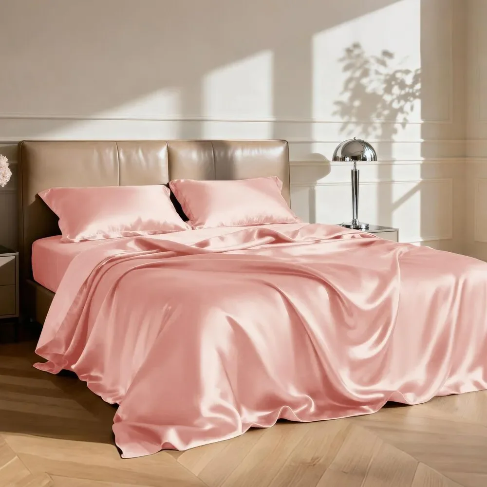 Love's Cabin Satin Queen Sheets Set - 4 Piece Coral Deep Pocket Queen Size